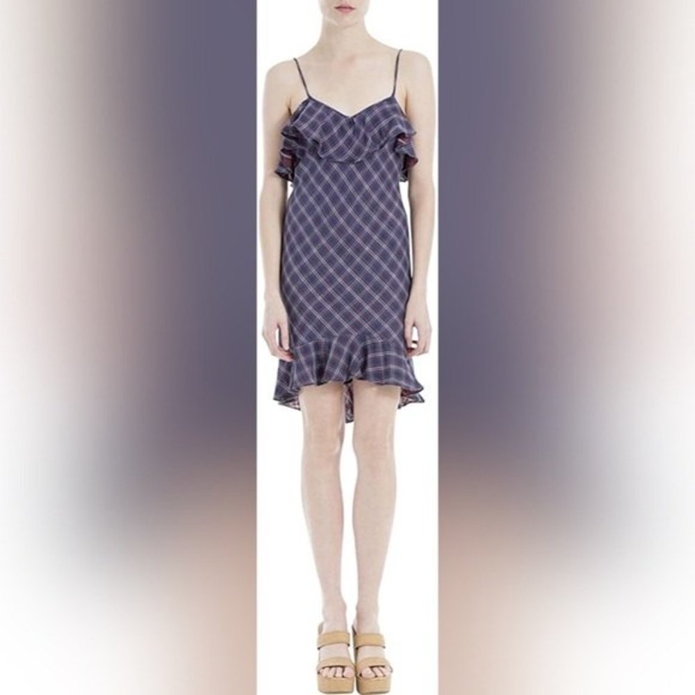 Max Studio Plaid Woven Flounce Dress Navy ruffle midi high low spaghetti straps